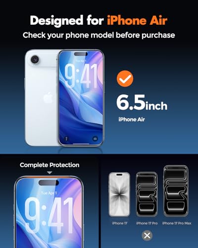 Image of UNBREAKcable 2-Pack Screen Protector for iPhone 17 Air Tempered Glass | Military Grade Shatterproof, 9H+ Hardness, 99.99% HD Clear, Bubble-Free, Easy Installation Frame, for iPhone Air