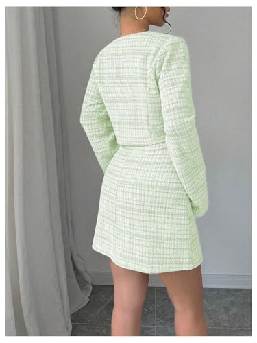 Image of SOLY HUX Women's 2 Piece Outfits Plaid Long Sleeve Button Down Cropped Jacket and Sleeveless Mini Dress Sets