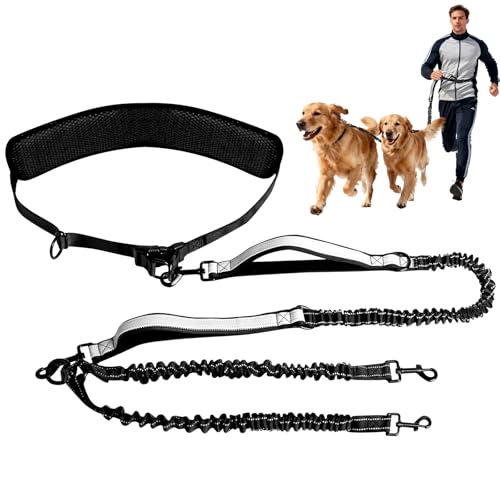 Enbluy Hands Free Dog Leash with Dual Handles, Comfortable Shock-Absorbing Bungee, Reflective Dual Padded Handles, Perfect for Running, Walking, and Hiking – Black (Double Dog Leash)