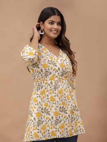Image of feranoid Floral Print Angrakha 3 Sleeves Flared Kurti