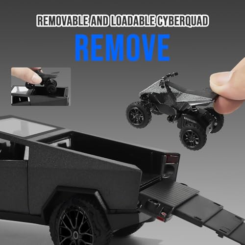 Image of 1:32 Scale Die-Cast Tesla CyberTruck with Pick-Up Trailer with 6 Openable Doors Pull Back Toy Car with Lights & MusicToy Car Gift for Kids (1:32 Cybertruck Trailer - Black)