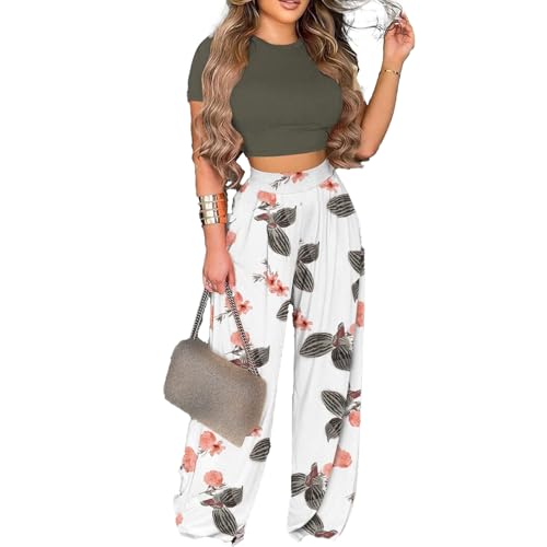 Mandonce 2 Piece Outfits for Women Crew Neck Short Sleeve Crop Tops Printed Wide Leg Long Pants Summer Matching Sets