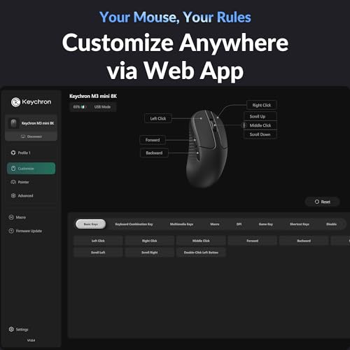 Image of Keychron M3 Mini 8K Wireless Gaming Mouse, 55g Lightweight, PixArt 3950 Sensor, 30K DPI, Bluetooth 5.3 /2.4GHz /Wired, Programmable, 140H Battery, for Mac /Windows /Linux - Black