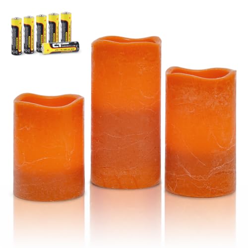 Image of Rhytsing Burnt Orange Real Wax Flameless Candles with Timer for Fall, 3 Pcs