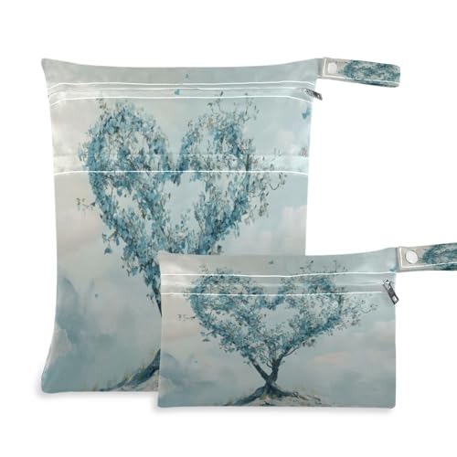 Takiito Valentine Heart Tree 2 Pcs Wet Dry Bags for Cloth Diapers, Waterproof & Reusable Wet Bag for Nursery Beach Pool Gym with Two Zippered Pockets