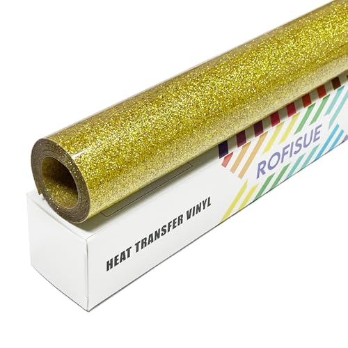 ROFISUE Gold Glitter Heat Transfer Vinyl 12 x 6FT Easy to Cut & Weed HTV Vinyl Glitter Iron on Vinyl for T-Shirts Compatible with Cricut & All Cutter Machines