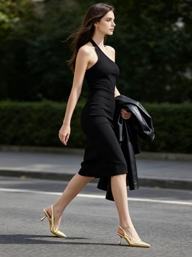 Image of Mostrin Kitten Heels for Women Pointed Toe Pumps Patent Leather Low Heel Slingback Heels with Buckle Dress Shoes for Dating Party Working