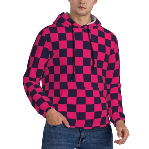 Hoodies For Men - Navyblue Pink Checkered Print Long Sleeve Casual Men'S Hoodies & Sweatshirts Pullover With Pocket