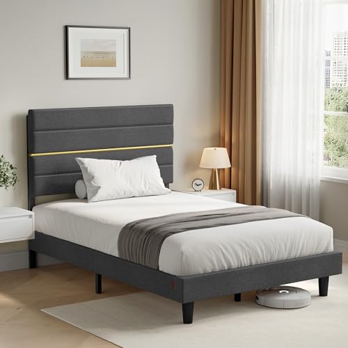 VASAGLE Small Double Bed Frame, for 120 x 190 cm Mattress, Adjustable Upholstered Headboard, Metal Frame, Wooden Slats, Modern, Slate Grey RMB500GN01