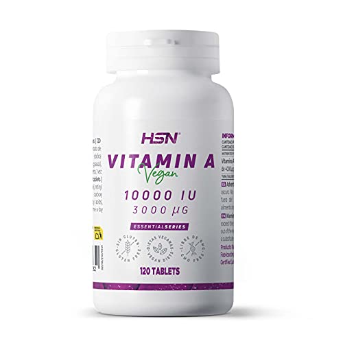 Vitamina A 10000 UI de HSN | 120 Tabletas - Alta Dosis = 3000 MCG - Pura Vitamina A procedente de Acetato de Retinol Esterificado de Máxima Estabilidad | No-GMO, Vegano, Sin Gluten
