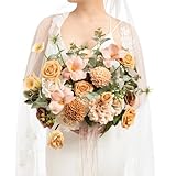 Ling's Moment Peach Wedding Bouquets for Bride, Apricot Bridal Bouquets for Bride,15 Inch Free Form Artificial Wedding Flower Bouquet