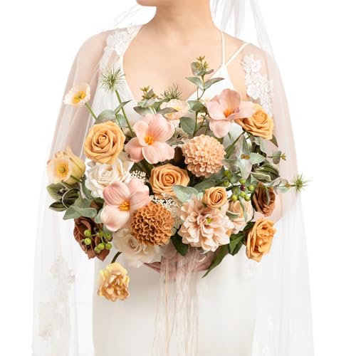 Ling's moment Wedding Bouquets for Bride, 15 Inch Apricot & Peach