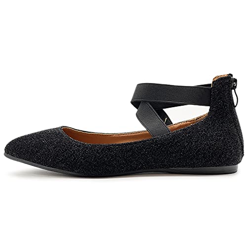 Ollio Women's Glitter Elastic Ankle Strap Pointed Toe Ballet Flats F1892