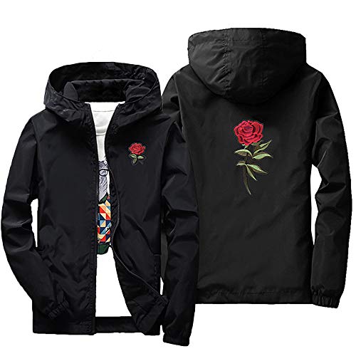 Rexcyril Men's Rose Floral Windbreaker Hooded Jacket Lightweight Solid Color Casual Full Zip Flower Coat Large Black - Thumbnail 4