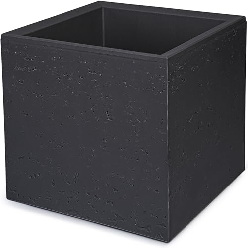 KONZEPT Großer Pflanzkübel auf Rollen, aus 100 % recyceltem Material - 30x30x30cm, für innen und außen, quadratisch, schwarz in Beton-Optik, mobil – ideal für Garten, Terrasse, Balkon und Wohnräume