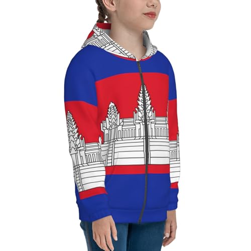 Cambodia Flag Print Girls Athletic Zip Up Hoodies,Sweatshirts with Pockets Long Sleeve Hooded Jackets, for 7-18 Y3