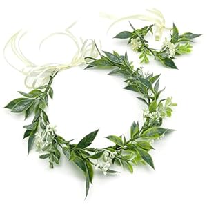 HUKUMA Waldfee Kostüm Damen,1 Stück Grüne Blattblumen Kopfschmuck und 1 Stück Blatt Blumen Armband,Waldfee Kopfschmuck,Elfen Blumenkrone,Haarschmuck Hochzeit für Damen