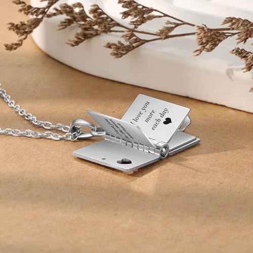 Image of Personalized Story Book Pendant Necklace, Stainless Steel Customizable Locket with Chain, Heart Charm Design, 18.5mm BookPendant, 45cm Chain Length, Gift for Women and Girls