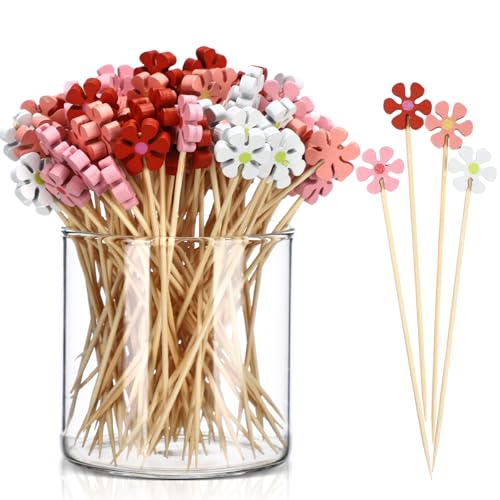 400 Pcs Summer Spring Daisy Cocktail Picks Flower Bamboo Toothpicks Bulk Daisy Long Cocktail Skewers for Spring Summer Appetizers Drinks Decoration Food Fruit Sticks Party Supplies