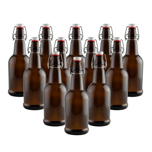 FastRack Swing Top Glass Bottles 16 oz – Pack of 12 | Amber Flip Top Glass Bottles with Airtight Lids | Resealable Grolsch-Style Fermentation Bottles for Kombucha, Beer, Mead, Soda, Vinegar & Water