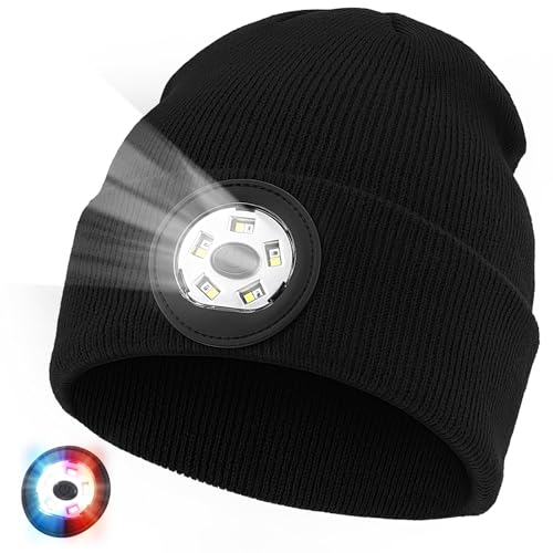 TOPIEI Beanie with Light, Unisex USB-C Rechargeable Headlamp Beanie Flashlight Beanie Hat for Men Women 5 LED Super Brightness Black