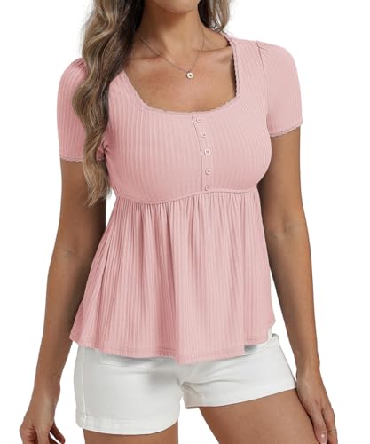 Image of Belle Poque Women's Summer Cute Tops Short Sleeve Babydoll Peplum Top 2026 Square Neck Casual Shirts Teen Top Tee