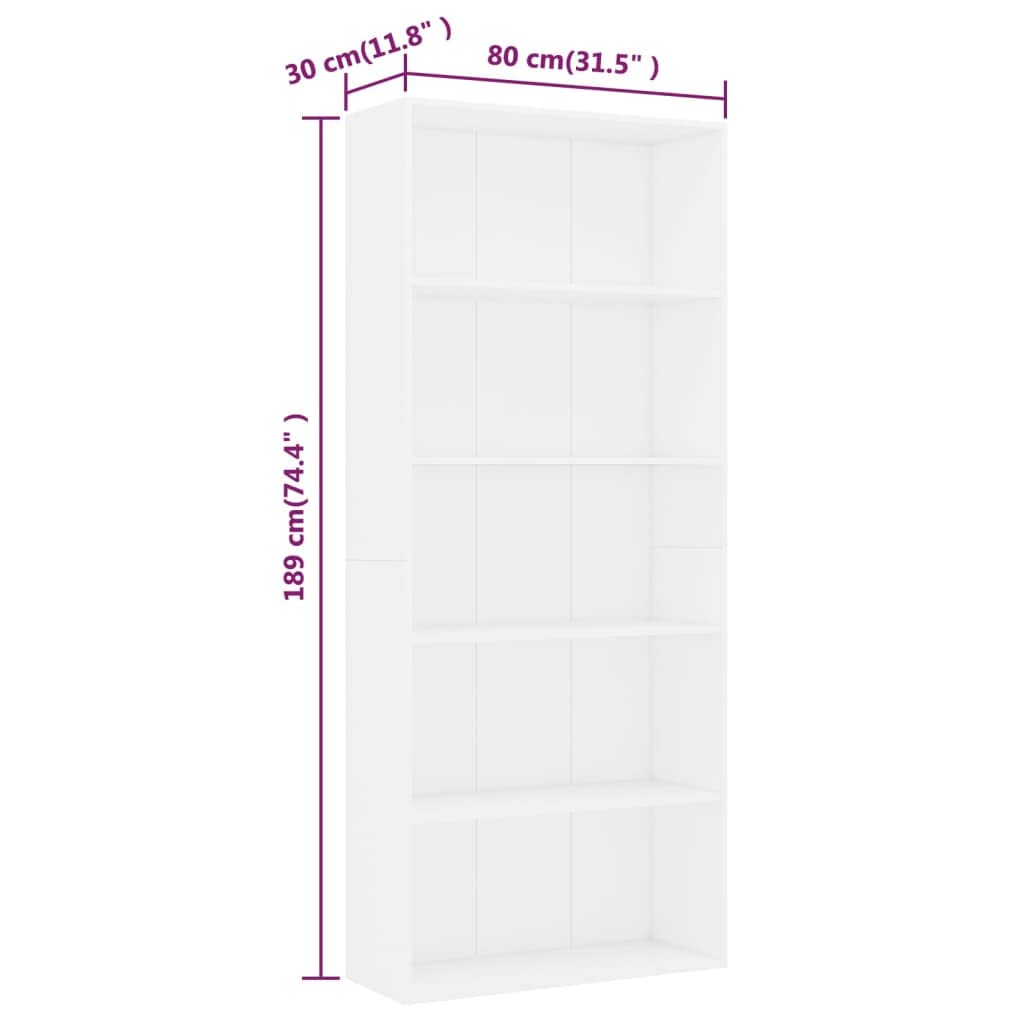 Libreria a 5 Ripiani Mobile Scaffale Bianco 80x30x189 cm | Scaffale verticale salvaspazio per soggiorno e studio con ampi ripiani aperti per libri e decorazioni.