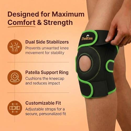 Image of DOLTAS Knee Brace Pair Neon Green - Open Pateela Knee Support for Gym, Running, Arthritis, Joint Pain & Injury Recovery Men & Women| Stabilizes Kneecap & Relieves Knee Pain (2 Pcs)
