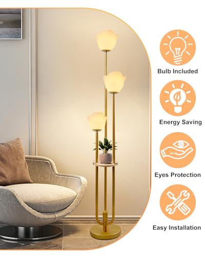 Image of 63IN Floral Floor Lamp with Table, 3-Lights Dimmable Flower Floor Lamps for Wedding Party, 3000K Warm White Modern Tall Standing Lamp with 5Lbs Heavy Base for Living Room /Bedroom