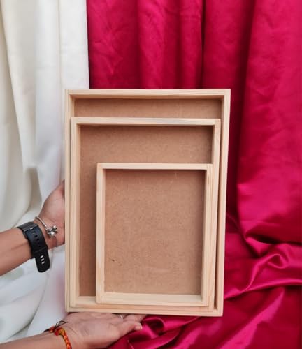 Image of SATYAM KRAFT 1 Set(3 Pcs)Square Trousseau Pinewood Attractive Decorative Tray for Wedding /Shaadi Gift Hampers,Engagement,Saree Clothes Packing,Dry Fruit,Birthday,Festival Return Gifts,Shagun,Beige