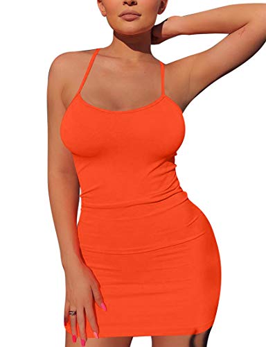 Mizoci Women s Sexy Sleeveless Spaghetti Strap Tank Bodycon Tight Mini Club Party Dress,Small,Orange