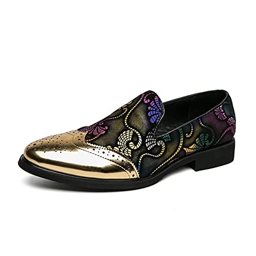 Dress Formal Shoes for Men Slip On Gold Brogue Embossed Wing tip Floral Patchwork Slip Resistant Anti-Slip Non Slip Block Heel Rubber Sole Working