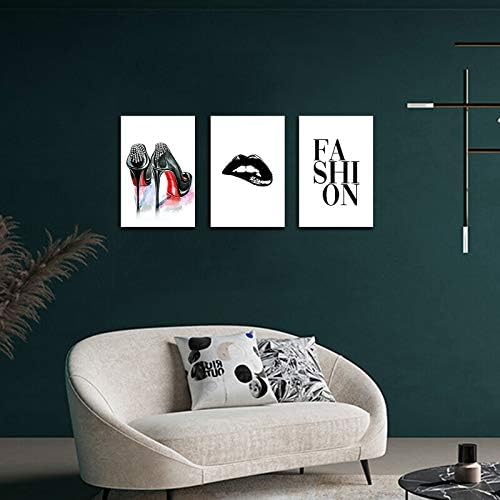 Fashion Women Art Print - Makeup Room Pictures Modern Artwork Wall Art Saying Quote Black White Heel Lip for Women Teen Girls Bedroom Home Decoration Living Room Unframed Beauty Set 3 Canvas