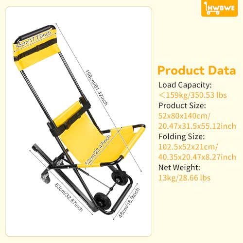 Portable Lift Stair Chair, Manual Transport Stair Chair with Wheels, Transfer Stair Chair Lift for Daily Transfer, Fire Incidents, Sports Venues, Withstands 350 lbs