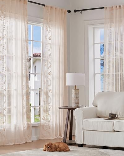 Image of jinchan Floral Linen Curtains, Back Tab 50x63 Inch, 2 Panels Beige