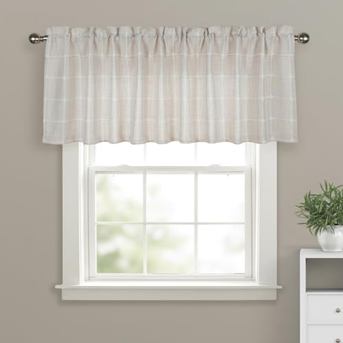 Aiking 2 Panels of Plaid Embroidered 16 inch Length Rod Pocket Window Valances (56 in by 16 in/Each Panel, Beige)
