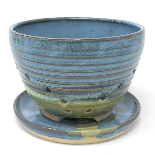 The Barrington Garage Handmade American Pottery Berry Bowl with Saucer by Coastal Clay Co., Blue-Multi