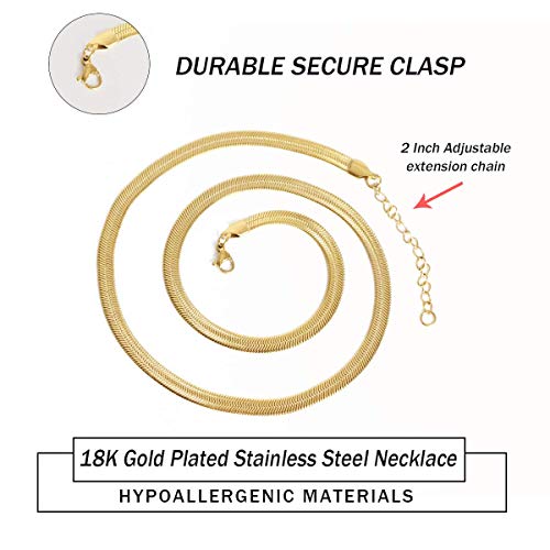 Ematu 18K Real Gold Plated Flat Snake Chain Herringbone Choker Necklace For Women (5Mm 16") #TOP4