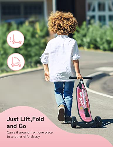 besrey Kinder Roller, Höhenverstellbarer Kinderscooter, Faltbarer Tretroller mit LED-Leuchträdern für Jungen & Mädchen von 2 bis 8 Jahren - Einhorn Rosa