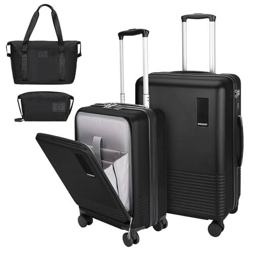 WireHot 2 Piece Luggage Sets with Spinner Wheels Front Open Pocket, ABS+PC Suitcase with TSA Lock & YKK Zipper, Carry On 20/24 inch Medium +Toiletry Bag+Handbag, Black
