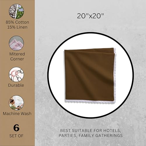Image of FINGERCRAFT Lace Trim Cloth Napkins Set of 6, 20x20 Inch Cotton Linen Blend Dinner Napkins, Reusable Washable Table Napkins for Wedding, Farmhouse Dining, Parties & Home Decor (Brown)