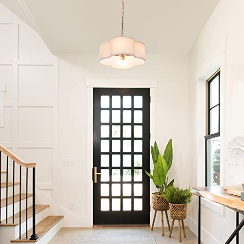 Viluxy Pendant Light Fixture Off-White Fabric Drum Shade Modern Chandelier Antique Brass Brush Paint Finish For Bedroom, Dining Room, Corridor, Living Room 13.77" 4-Light #TOP1