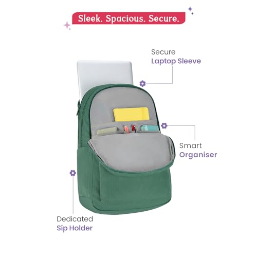 Image of Genie Essence Casual Backpack For Girls |18 In-27Ltr with Laptop Sleeve, Rain Cover and Three Compartments with Padded Shoulders |Best for Books,Stationery,Lunch Box & Essentials - Green
