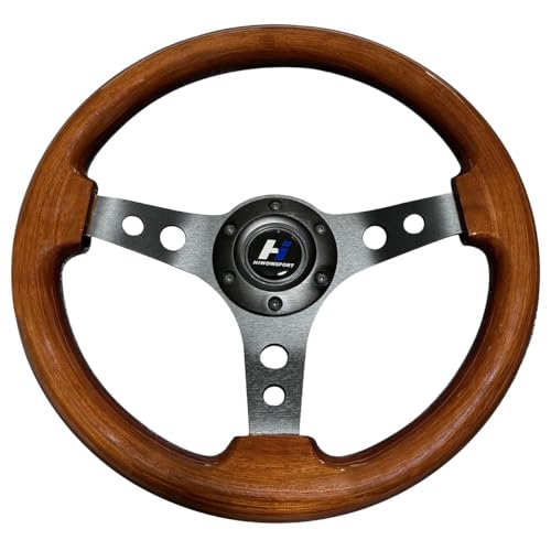 13inch Universal Classic Wood Grain Steering Wheel Brushed 3 Spoke 1.5 inch Depth Steering Wheel with Horn Button 6 bolts
