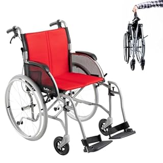 FeatherMobility - Red Lightweight Folding Wheelchair - 13.5 lbs, 18" Seat Width - with Swingaway Legrests, Anti-tippers, and Quick Release Wheels - 300 lbs Capacity