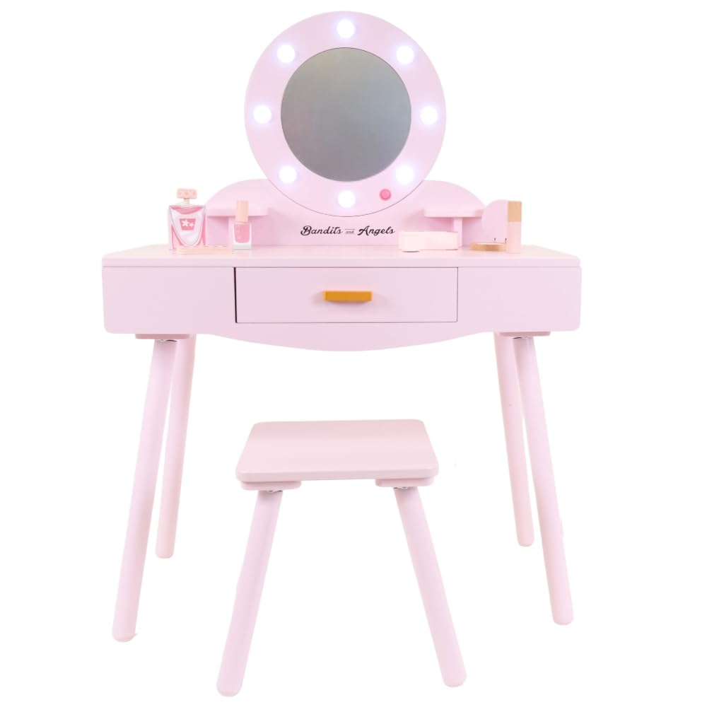 Bandits & Angels Kinderschminktisch Sofia Rosa mit Spiegel und Beleuchtung für Mädchen ab 3 Jahren - Schminktisch aus Holz - Schminktisch inklusive Hocker - Für Kinder