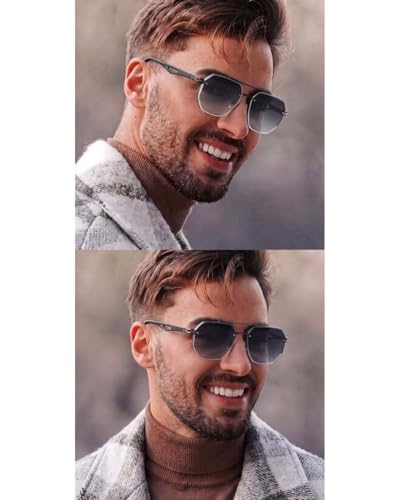 Image of THE MEN THING Men Octogonal 2101 AERO HEX HD Polarized Sunglasses - UV400 Protection, Stainless Steel Frame
