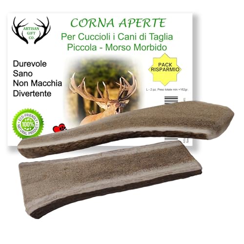 ARTISAN GIFT CO Os Corni di Cervo Aperto per Cuccioli e Cani con un Morso Delicato, peso minimo Confezione 162gr. (L - 2 pz.)