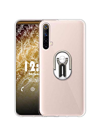 Sunrive Funda para Realme X3/X3 Super Zoom, Soporte Teléfono Coche Silicona Transparente Gel Carcasa Case Bumper Anti-Arañazos Espalda Cover Anillo Kickstand 360 Grados Giratorio(Plateado)