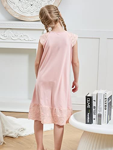 Vieille Little Nightgowns For Girls Kids Jammies Pink Eyelet Embroidery Hem Night Dress Cute Sleepwear Clothes Crewneck Flutter Sleeve Night Gown Pajama Dress, Medium (7-8 Years) #TOP4
